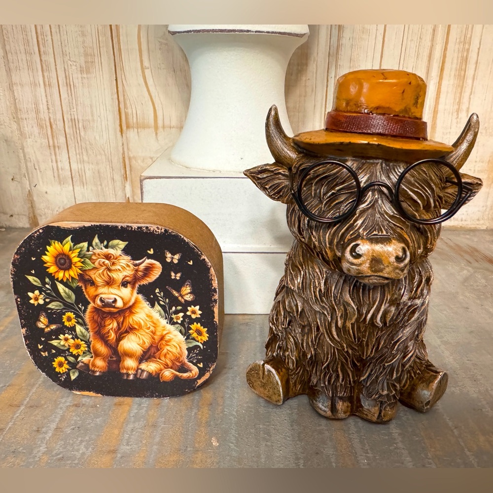 Highland  Cow Figurine with Hat and Glasses and highland cow wooden block